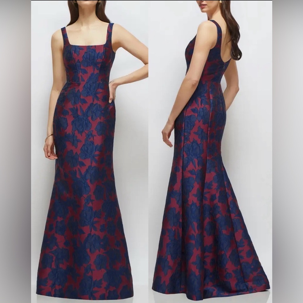 NEW Dessy Collection Floral Jacquard Sleeveless Trumpet navy burgundy Gown Sz 6